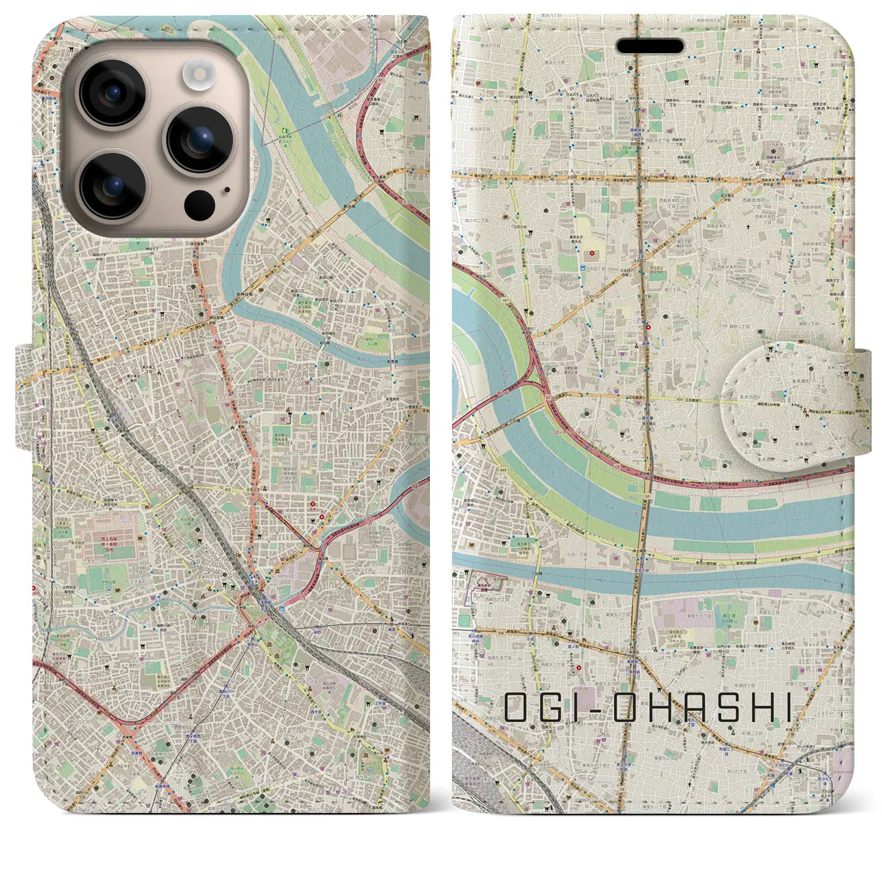 【扇大橋（東京都）】地図柄iPhoneケース（手帳タイプ）ナチュラル・iPhone 16 Plus 用