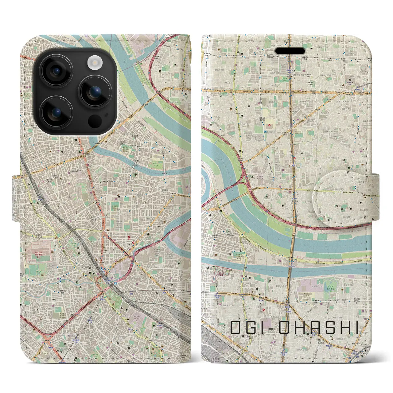 【扇大橋（東京都）】地図柄iPhoneケース（手帳タイプ）ナチュラル・iPhone 16 用