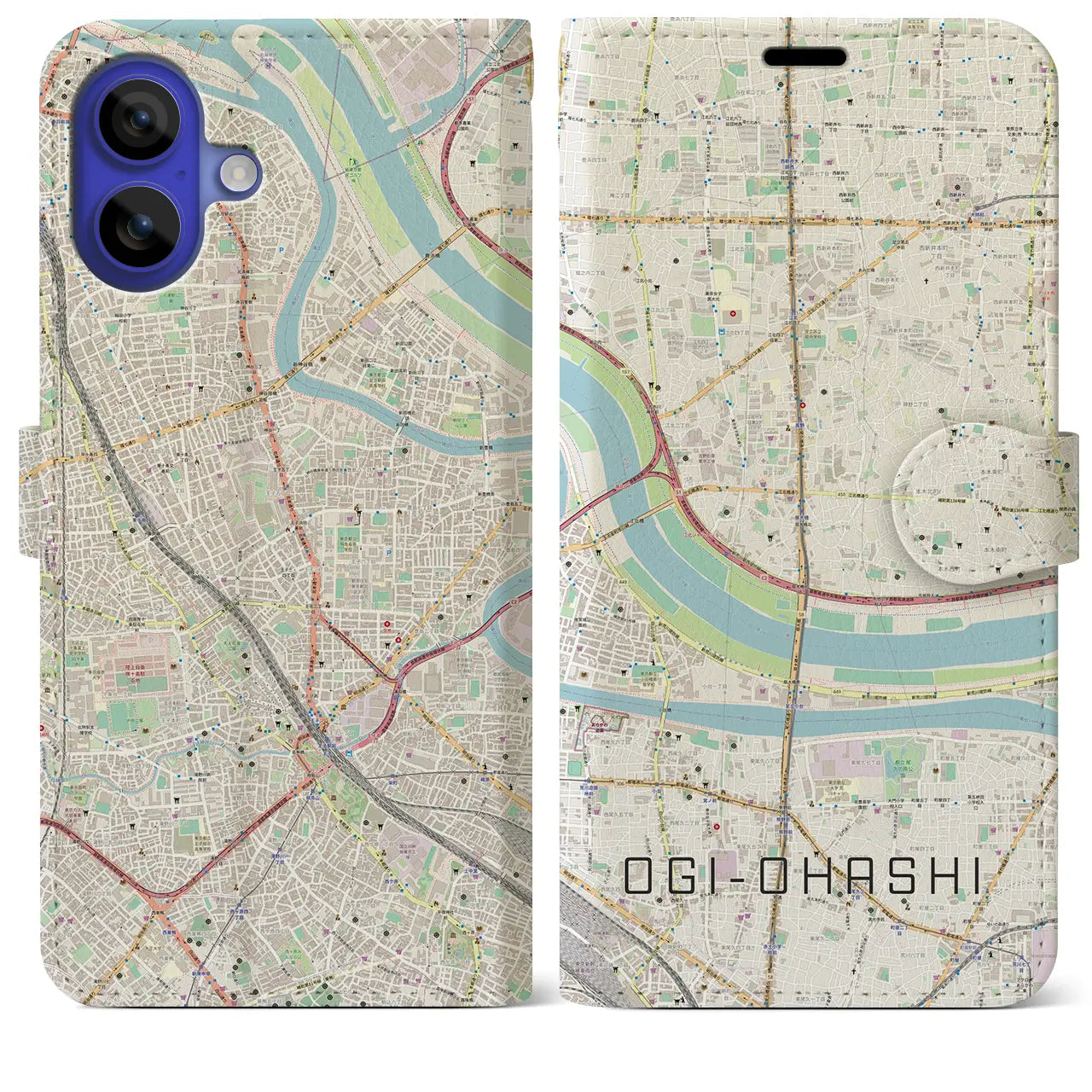 【扇大橋（東京都）】地図柄iPhoneケース（手帳タイプ）ナチュラル・iPhone 16 Pro Max 用