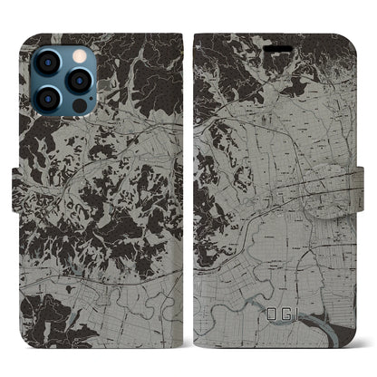 【小城（佐賀県）】地図柄iPhoneケース（手帳タイプ）モノトーン・iPhone 12 / 12 Pro 用