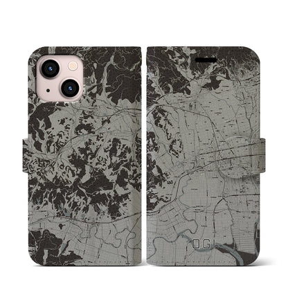 【小城（佐賀県）】地図柄iPhoneケース（手帳タイプ）モノトーン・iPhone 13 mini 用