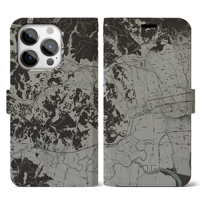 【小城（佐賀県）】地図柄iPhoneケース（手帳タイプ）モノトーン・iPhone 14 Pro 用