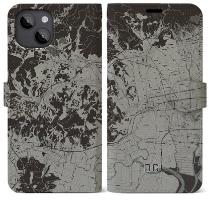 【小城（佐賀県）】地図柄iPhoneケース（手帳タイプ）モノトーン・iPhone 14 Plus 用