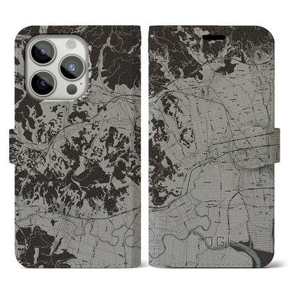 【小城（佐賀県）】地図柄iPhoneケース（手帳タイプ）モノトーン・iPhone 15 Pro 用