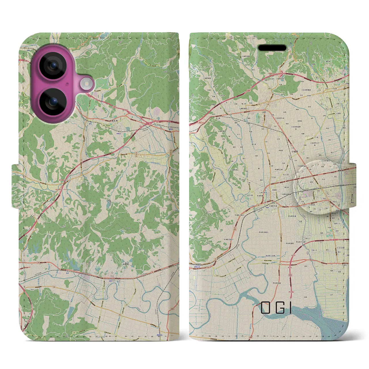 【小城（佐賀県）】地図柄iPhoneケース（手帳タイプ）ナチュラル・iPhone 16 Pro 用