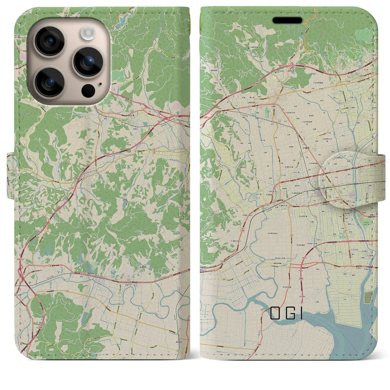 【小城（佐賀県）】地図柄iPhoneケース（手帳タイプ）ナチュラル・iPhone 16 Plus 用