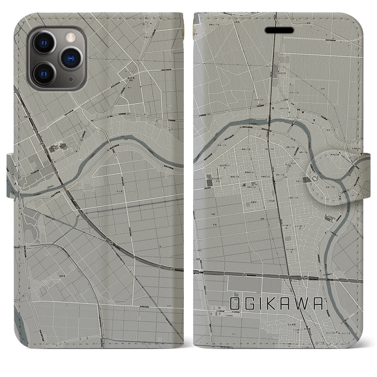 【荻川】地図柄iPhoneケース（手帳両面タイプ・モノトーン）iPhone 11 Pro Max 用