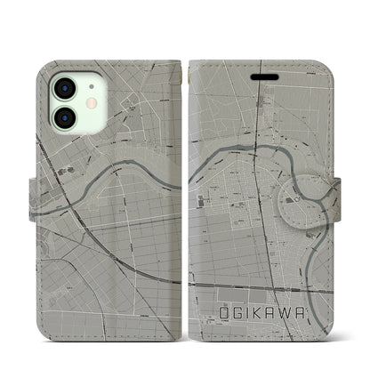 【荻川（新潟県）】地図柄iPhoneケース（手帳タイプ）モノトーン・iPhone 12 mini 用