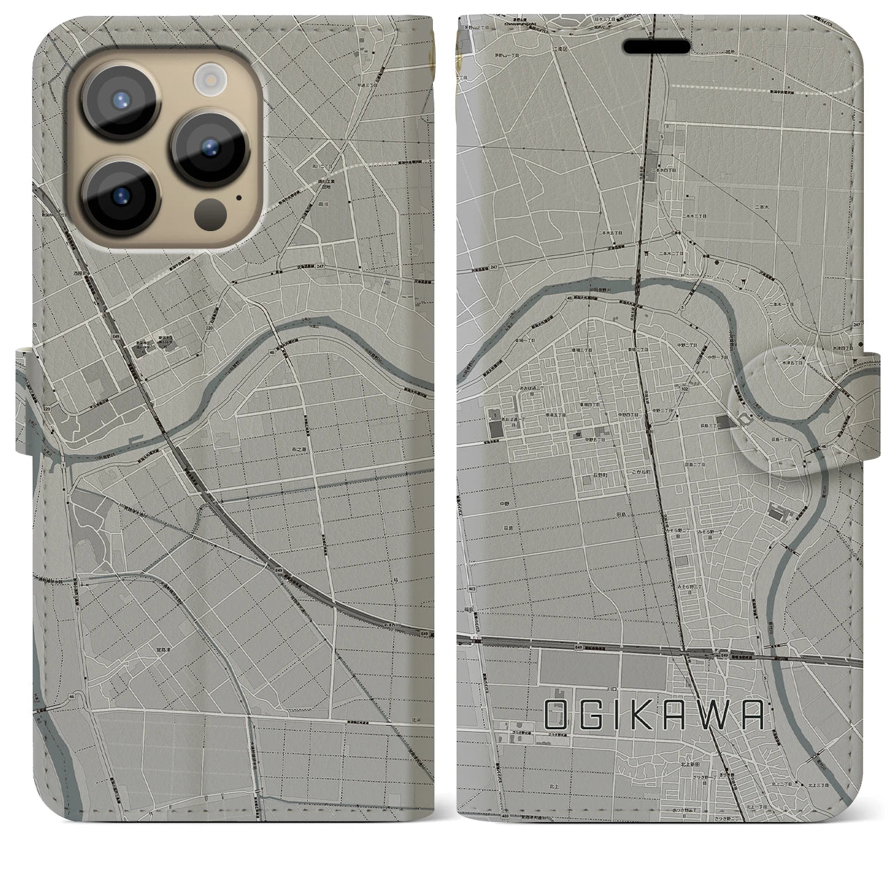 【荻川】地図柄iPhoneケース（手帳両面タイプ・モノトーン）iPhone 14 Pro Max 用