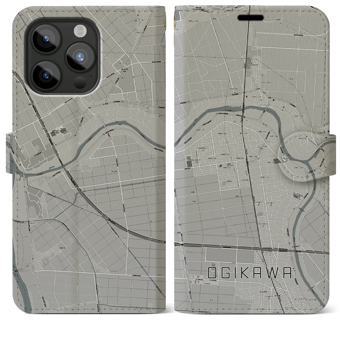 【荻川】地図柄iPhoneケース（手帳両面タイプ・モノトーン）iPhone 15 Pro Max 用