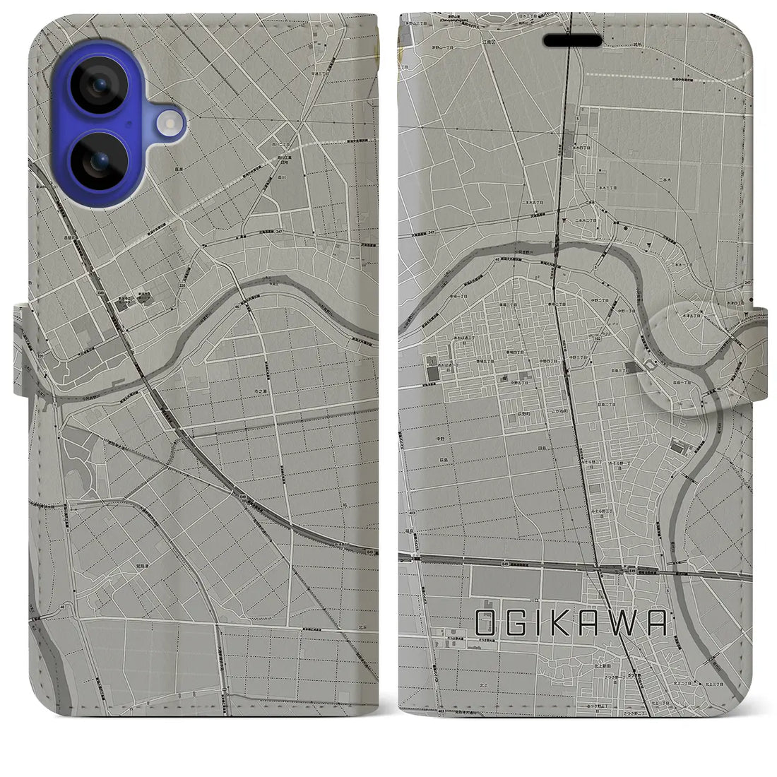 【荻川(新潟県)】地図柄iPhoneケース(手帳タイプ)モノトーン・iPhone 16 Pro Max 用