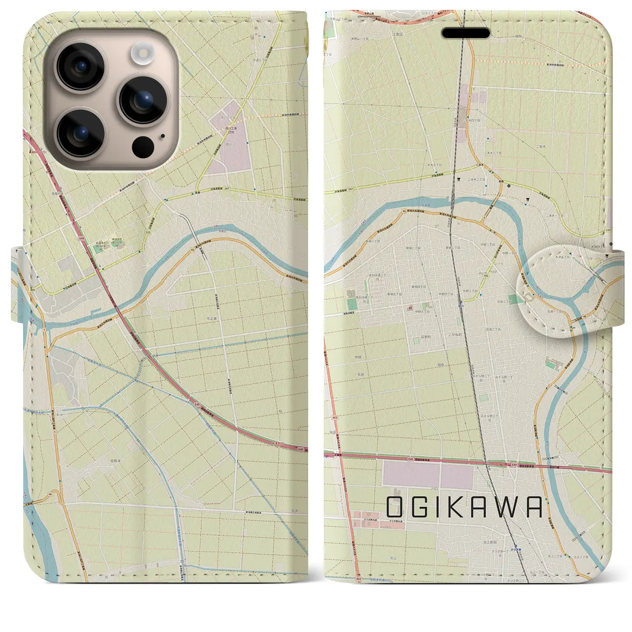 【荻川（新潟県）】地図柄iPhoneケース（手帳タイプ）ナチュラル・iPhone 16 Plus 用