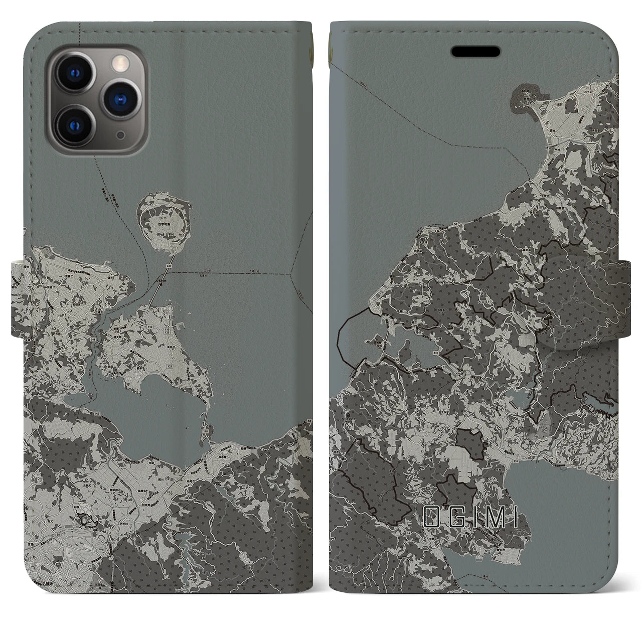【大宜味】地図柄iPhoneケース（手帳両面タイプ・モノトーン）iPhone 11 Pro Max 用