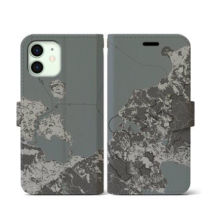 【大宜味（沖縄県）】地図柄iPhoneケース（手帳タイプ）モノトーン・iPhone 12 mini 用