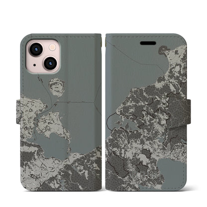 【大宜味（沖縄県）】地図柄iPhoneケース（手帳タイプ）モノトーン・iPhone 13 mini 用