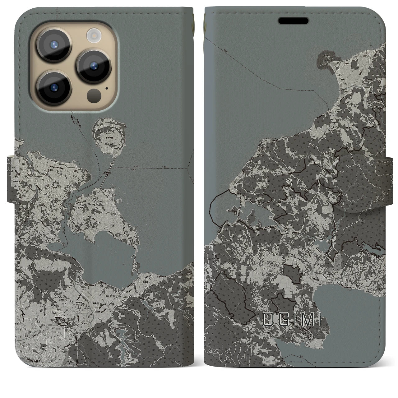 【大宜味】地図柄iPhoneケース（手帳両面タイプ・モノトーン）iPhone 14 Pro Max 用