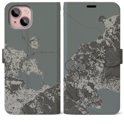 【大宜味（沖縄県）】地図柄iPhoneケース（手帳タイプ）モノトーン・iPhone 15 Plus 用