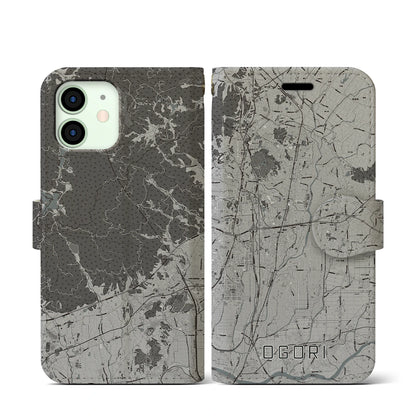 【小郡（福岡県）】地図柄iPhoneケース（手帳タイプ）モノトーン・iPhone 12 mini 用