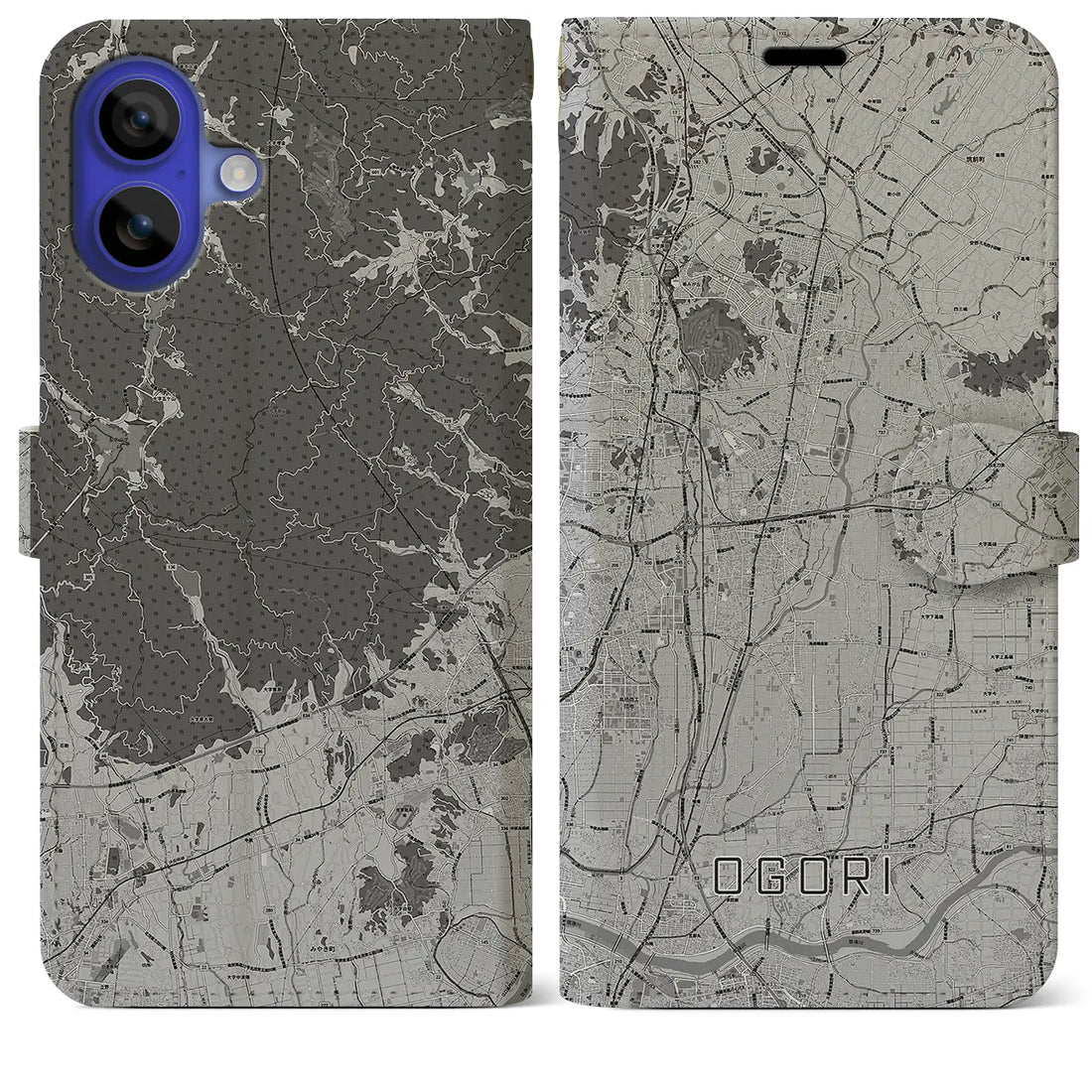 【小郡(福岡県)】地図柄iPhoneケース(手帳タイプ)モノトーン・iPhone 16 Pro Max 用