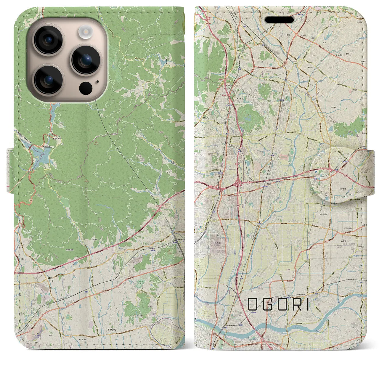 【小郡（福岡県）】地図柄iPhoneケース（手帳タイプ）ナチュラル・iPhone 16 Plus 用