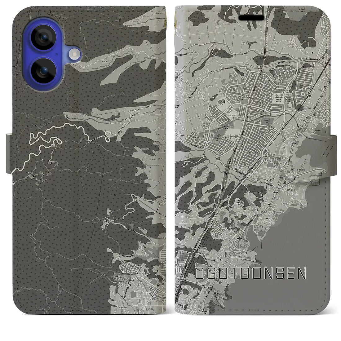 【おごと温泉(滋賀県)】地図柄iPhoneケース(手帳タイプ)モノトーン・iPhone 16 Pro Max 用