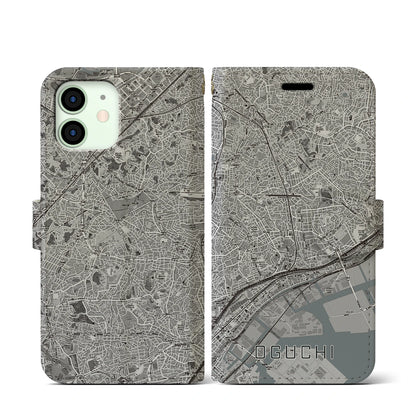 【大口（神奈川県）】地図柄iPhoneケース（手帳タイプ）モノトーン・iPhone 12 mini 用