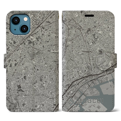 【大口（神奈川県）】地図柄iPhoneケース（手帳タイプ）モノトーン・iPhone 13 用