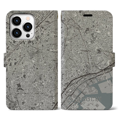 【大口（神奈川県）】地図柄iPhoneケース（手帳タイプ）モノトーン・iPhone 13 Pro 用