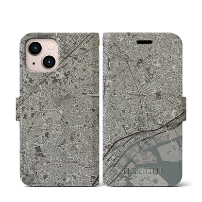 【大口（神奈川県）】地図柄iPhoneケース（手帳タイプ）モノトーン・iPhone 13 mini 用