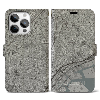 【大口（神奈川県）】地図柄iPhoneケース（手帳タイプ）モノトーン・iPhone 14 Pro 用