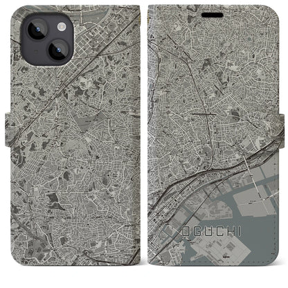 【大口（神奈川県）】地図柄iPhoneケース（手帳タイプ）モノトーン・iPhone 14 Plus 用