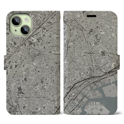 【大口（神奈川県）】地図柄iPhoneケース（手帳タイプ）モノトーン・iPhone 15 用