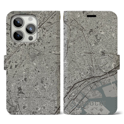 【大口（神奈川県）】地図柄iPhoneケース（手帳タイプ）モノトーン・iPhone 15 Pro 用