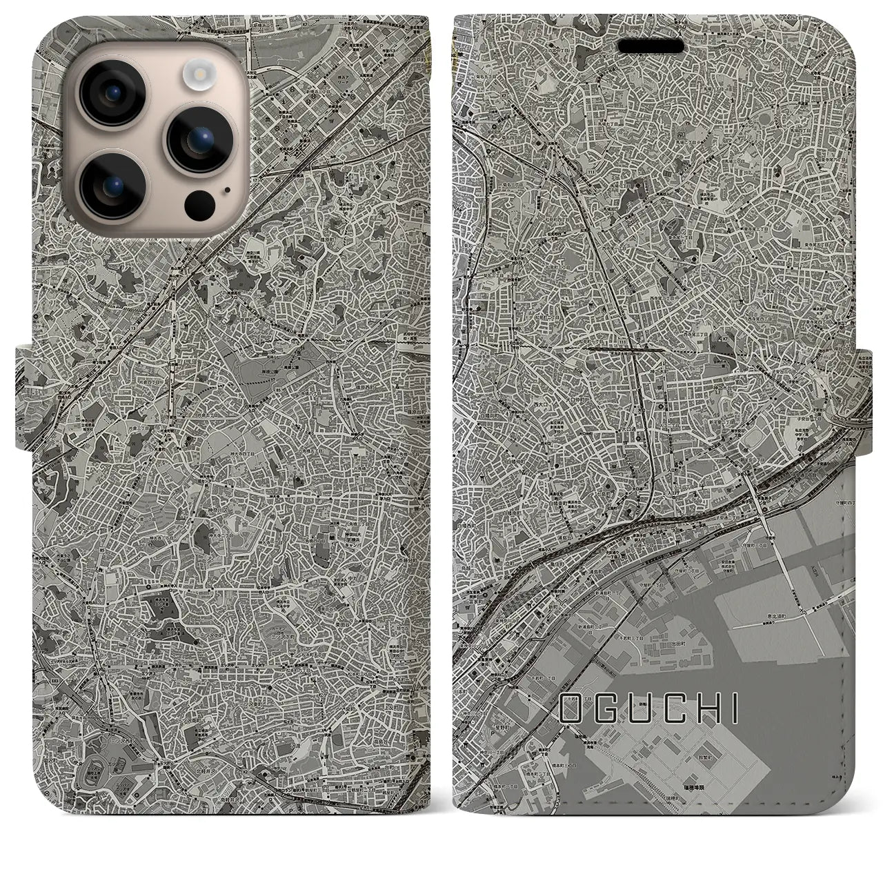 【大口（神奈川県）】地図柄iPhoneケース（手帳タイプ）モノトーン・iPhone 16 Plus 用