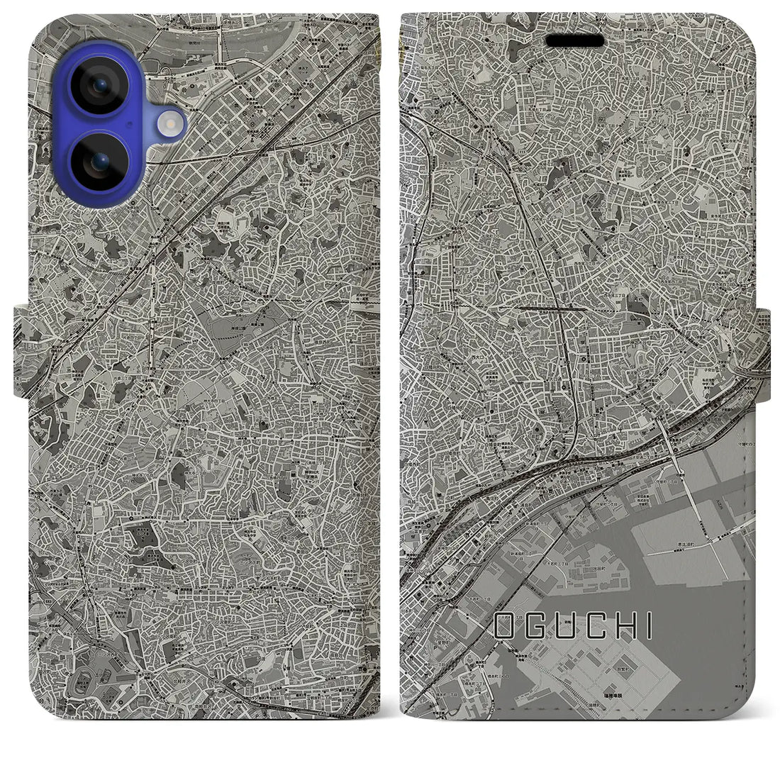 【大口(神奈川県)】地図柄iPhoneケース(手帳タイプ)モノトーン・iPhone 16 Pro Max 用