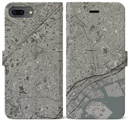 【大口（神奈川県）】地図柄iPhoneケース（手帳タイプ）モノトーン・iPhone 8Plus /7Plus / 6sPlus / 6Plus 用
