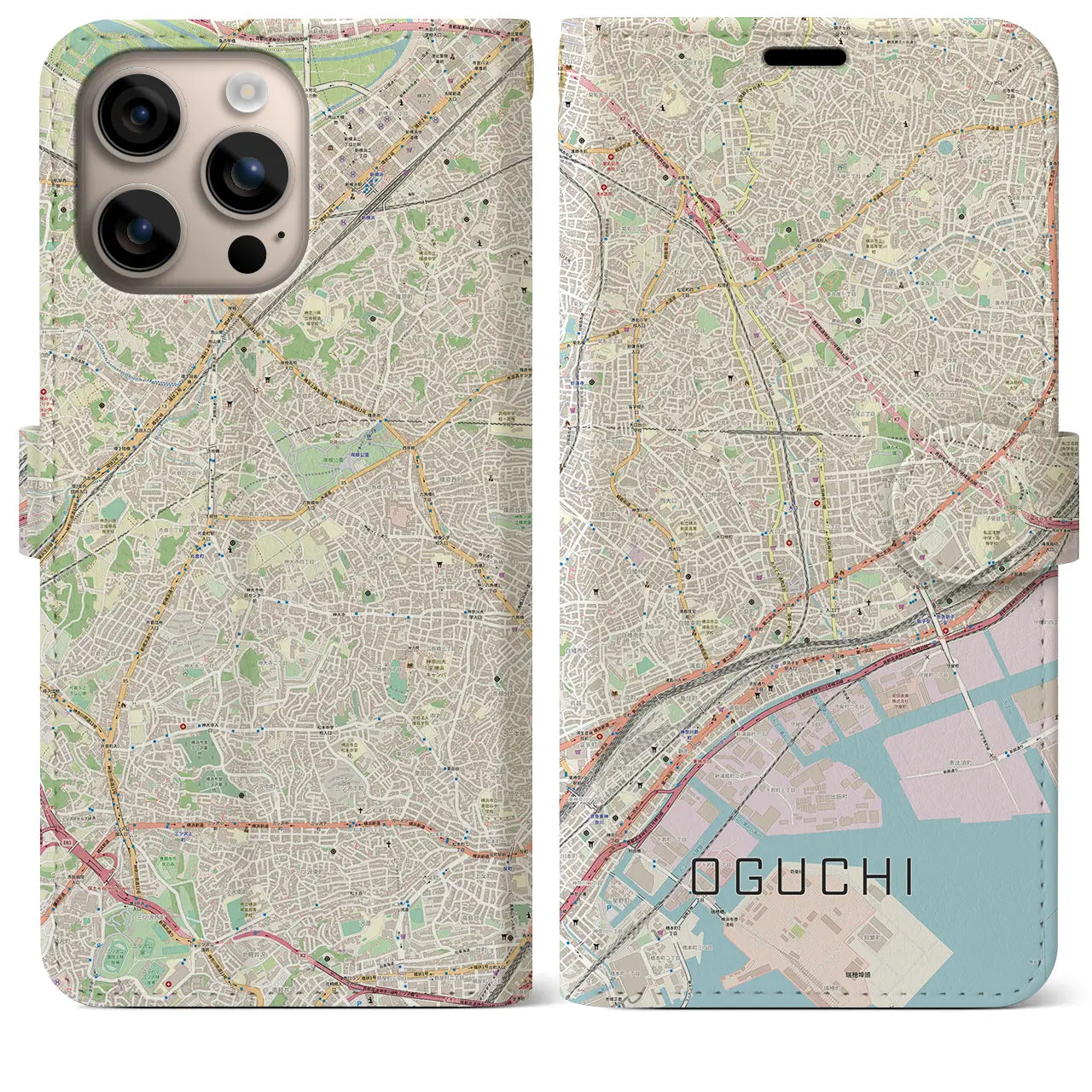 【大口（神奈川県）】地図柄iPhoneケース（手帳タイプ）ナチュラル・iPhone 16 Plus 用