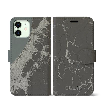 【小国（山形県）】地図柄iPhoneケース（手帳タイプ）モノトーン・iPhone 12 mini 用
