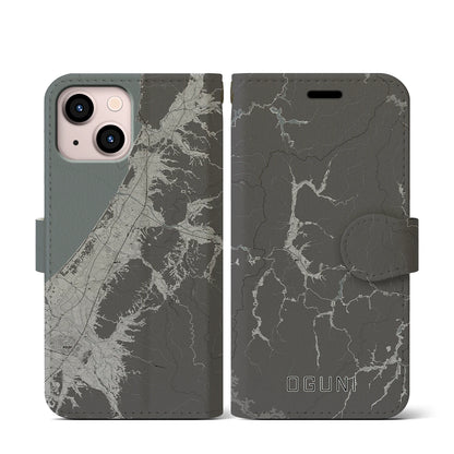 【小国（山形県）】地図柄iPhoneケース（手帳タイプ）モノトーン・iPhone 13 mini 用