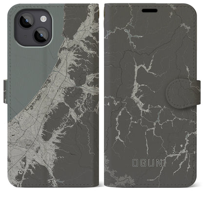 【小国（山形県）】地図柄iPhoneケース（手帳タイプ）モノトーン・iPhone 14 Plus 用