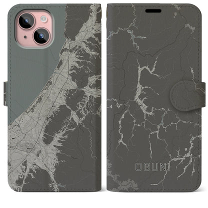 【小国（山形県）】地図柄iPhoneケース（手帳タイプ）モノトーン・iPhone 15 Plus 用