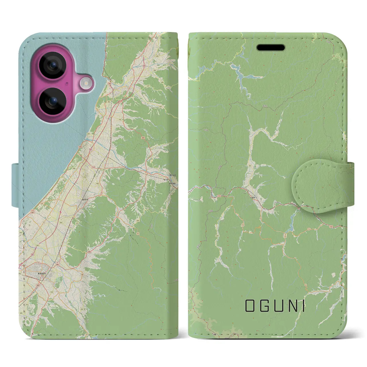 【小国（山形県）】地図柄iPhoneケース（手帳タイプ）ナチュラル・iPhone 16 Pro 用