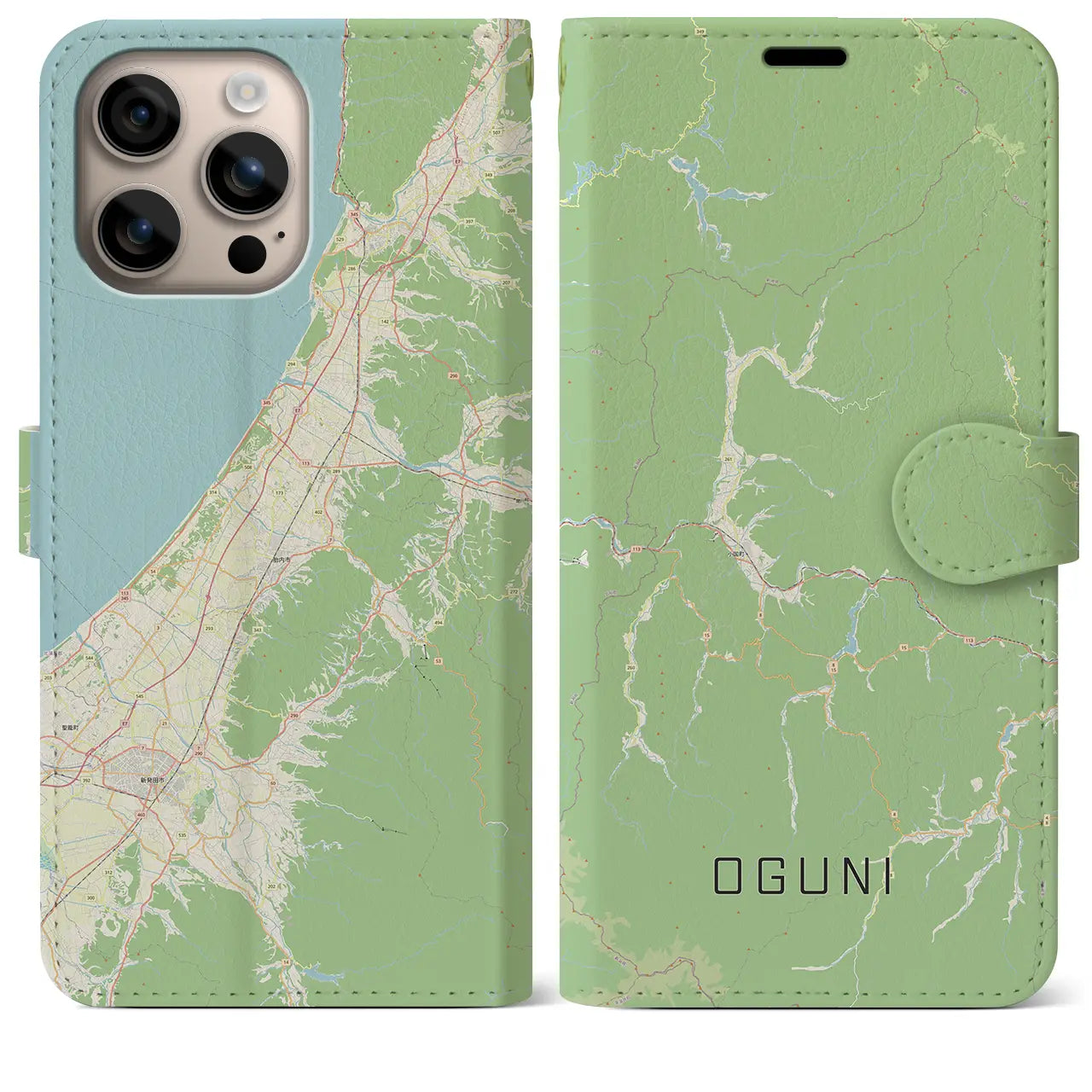 【小国（山形県）】地図柄iPhoneケース（手帳タイプ）ナチュラル・iPhone 16 Plus 用