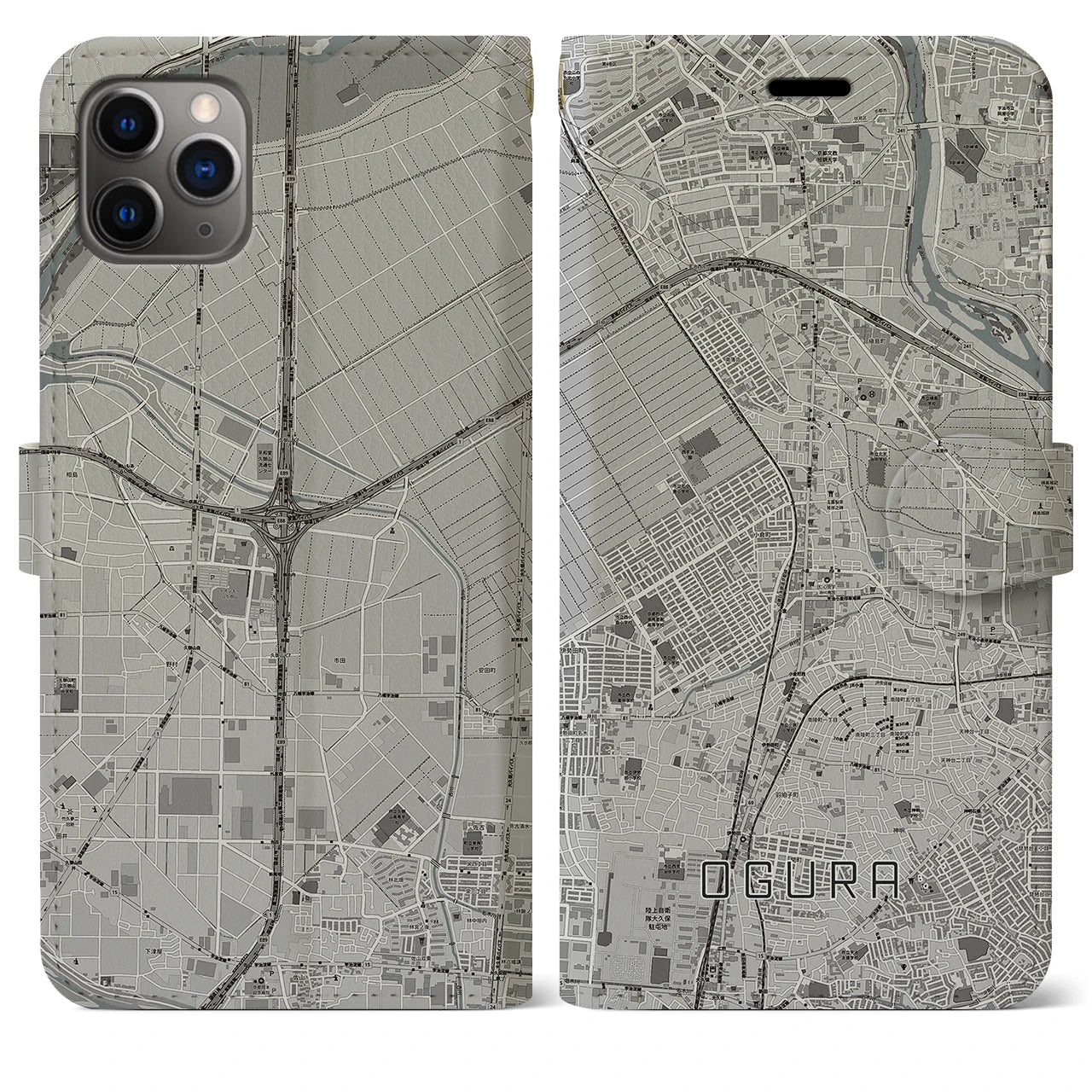 【小倉（京都府）】地図柄iPhoneケース（手帳両面タイプ・モノトーン）iPhone 11 Pro Max 用