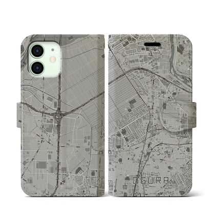 【小倉（京都府）】地図柄iPhoneケース（手帳タイプ）モノトーン・iPhone 12 mini 用