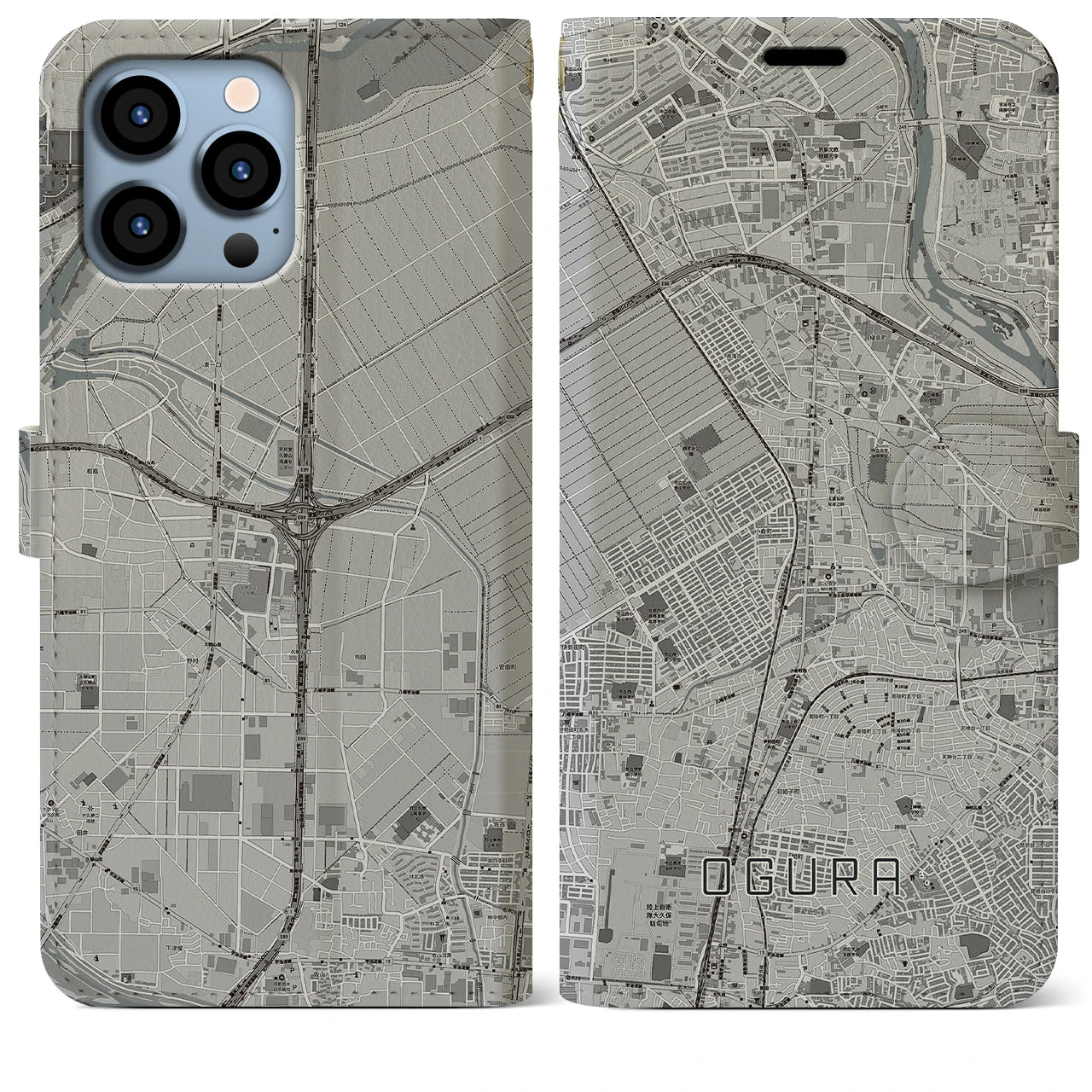 【小倉（京都府）】地図柄iPhoneケース（手帳両面タイプ・モノトーン）iPhone 13 Pro Max 用