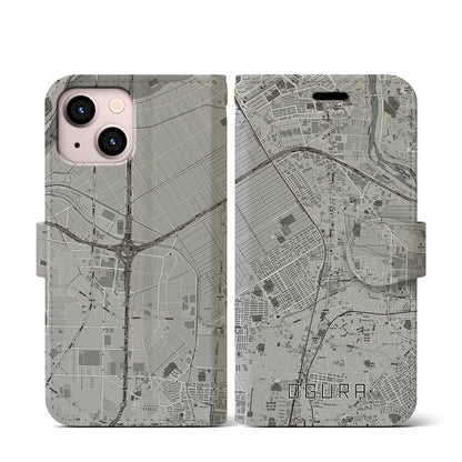 【小倉（京都府）】地図柄iPhoneケース（手帳タイプ）モノトーン・iPhone 13 mini 用