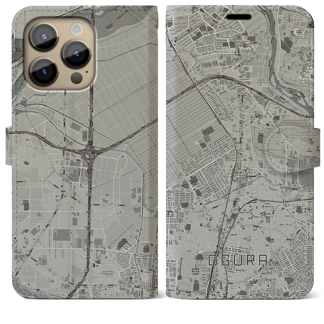 【小倉（京都府）】地図柄iPhoneケース（手帳両面タイプ・モノトーン）iPhone 14 Pro Max 用