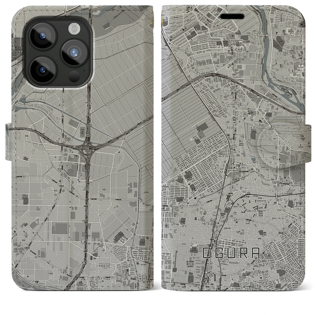 【小倉（京都府）】地図柄iPhoneケース（手帳両面タイプ・モノトーン）iPhone 15 Pro Max 用