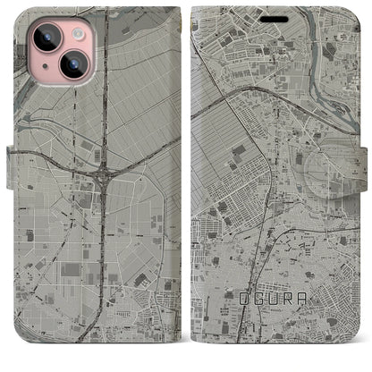 【小倉（京都府）】地図柄iPhoneケース（手帳タイプ）モノトーン・iPhone 15 Plus 用